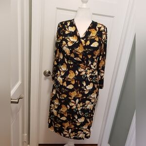 Evan Picone Black and Gold Floral Wrap Midi Dress